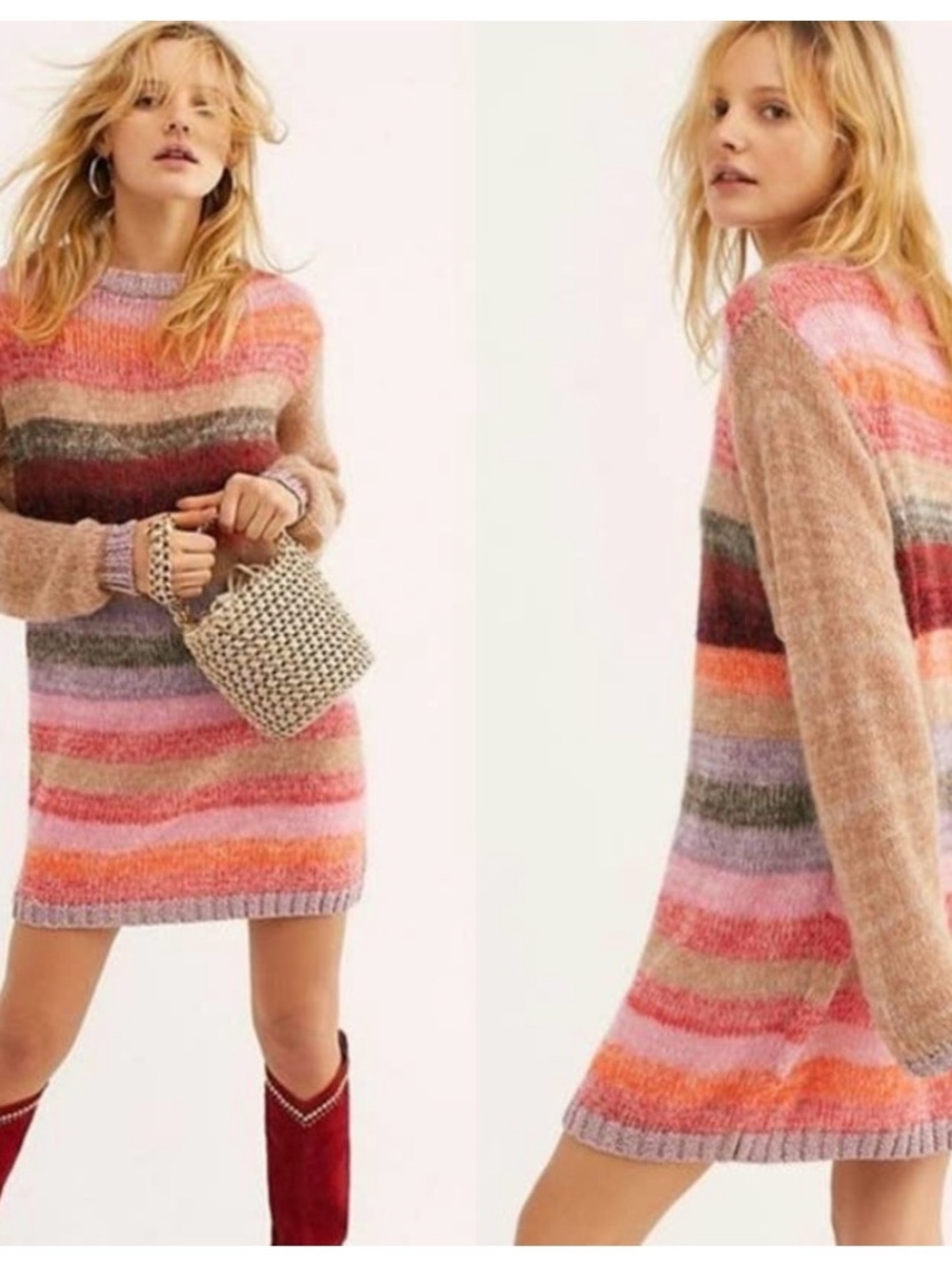 Striped Multicolor Knit Sweater Dress - Pink & Neutral